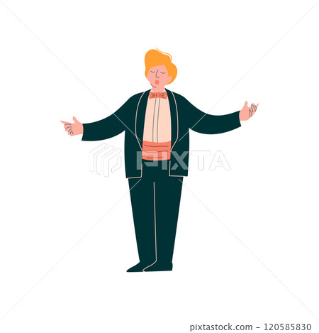 Male Opera Singer Performing On Stage, Man Giving Representation Tuxedo and Bow Tie Vector Illustration 120585830