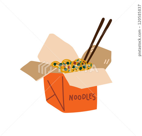 Takeaway Carton Box of Noodles with Vegetables and Chopsticks, Traditional Chinese or Japanese Food Vector Illustration Takeaway Carton Box of Noodles with Vegetables and Chopsticks, Traditional Chinese or Japanese Food Vector Illustration 120585837