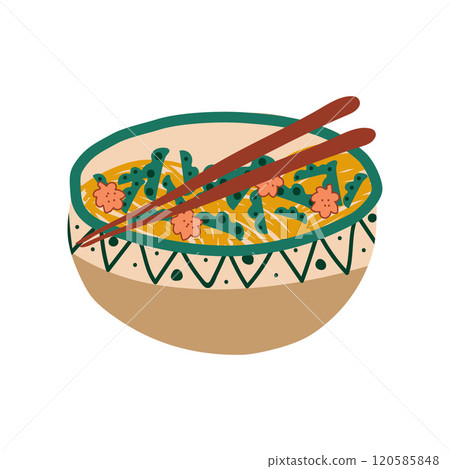 Ceramic Bowl of Noodles Soup with Vegetables and Chopsticks, Traditional Chinese or Japanese Food, Ramen Noodles Vector Illustration Ceramic Bowl of Noodles Soup with Vegetables and Chopsticks, Traditional Chinese or Japanese Food, Ramen Noodles Vector Illustration 120585848