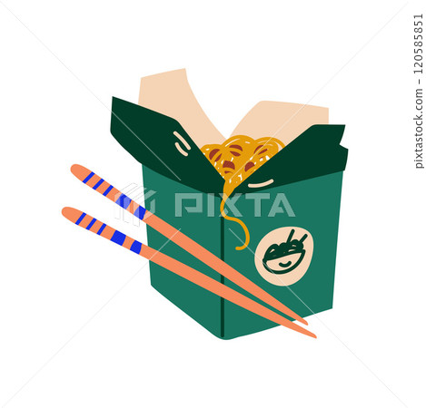 Green Takeaway Carton Box of Noodles with Vegetables and Chopsticks, Traditional Chinese or Japanese Food Vector Illustration 120585851