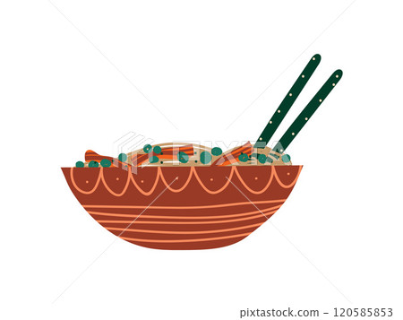 Ceramic Bowl of Noodles Soup with Chopsticks, Traditional Chinese or Japanese Food, Ramen Noodles Vector Illustration Ceramic Bowl of Noodles Soup with Chopsticks, Traditional Chinese or Japanese Food, Ramen Noodles Vector Illustration 120585853