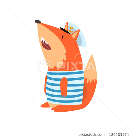Fox Sailor Wearing Striped Singlet and Cap, Cute Humanized Animal Cartoon Character Vector Illustration 120585974