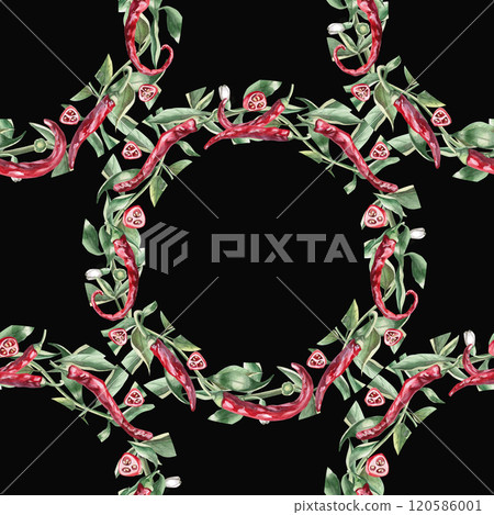 Seamless pattern of wreaths of peppers with leaves. Watercolor illustration on a black background of peppers for the design of packaging for Valentine's Day, kitchen utensils, textiles and clothing 120586001