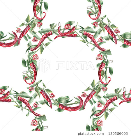 Seamless pattern of wreaths of peppers with leaves. Watercolor illustration on white background of hot peppers for Valentine's Day packaging design, kitchenware, textiles and clothing 120586003