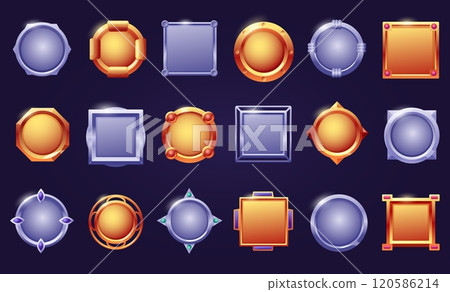 Game cartoon buttons. Round square steel effect frames, metal shine shields ui elements. Badges or medals gold and silver, medieval nowaday vector elements 120586214