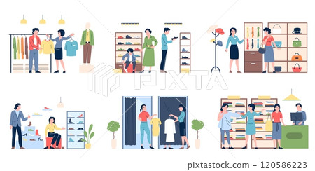Clothing store scenes. Women men children try and choose shoes, dresses, shirts. Shopping time, sales and discount season, recent vector set 120586223