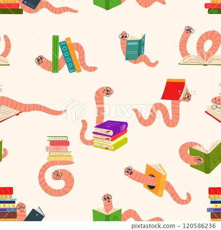 Cartoon bookworms seamless pattern. Cute worm and books. Childish print for fabric, education banners, wallpaper, wrapping. Readers vector background Cartoon bookworms seamless pattern. Cute worm and books. Childish print for fabric, education banners, wallpaper, wrapping. Readers vector background 120586236