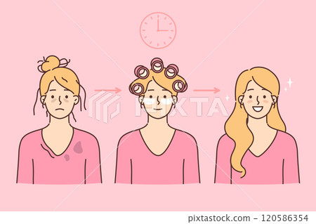 Women use cosmetic mask and curlers to get rid of dark circles under eyes and get good hairstyle 120586354