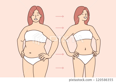 Fat woman has lost weight and acquired beautiful figure thanks to liposuction or regular fitness 120586355