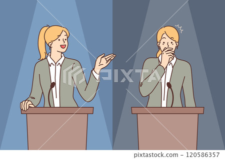 Glossophobia and fear of public speaking is demonstrated by women standing behind podium 120586357
