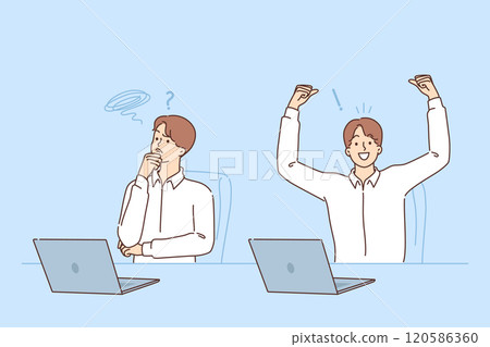 Man office worker rejoices at completing difficult task, sitting near to colleague scratching chin 120586360