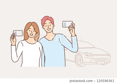 Driving school graduated men and women who received driver license and right to drive car Driving school graduated men and women who received driver license and right to drive car 120586361