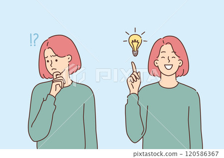 Woman rejoices at emergence of idea after brainstorming and points finger at glowing light bulb Woman rejoices at emergence of idea after brainstorming and points finger at glowing light bulb 120586367