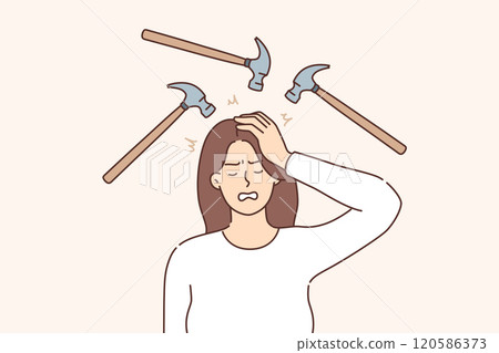 Headache torment woman who feels blows to head with hammers and needs pharmacological remedies 120586373