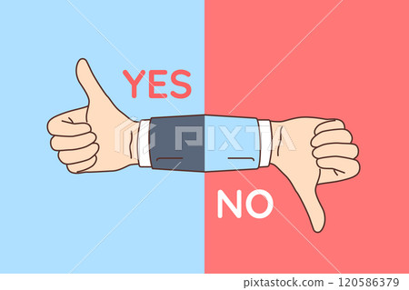 Solution is demonstrated by thumbs up or thumbs down hand gesture with yes or no written 120586379