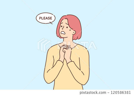 Guilty woman begs for help and assistance in solving problem, demonstrates pleading emotions Guilty woman begs for help and assistance in solving problem, demonstrates pleading emotions 120586381