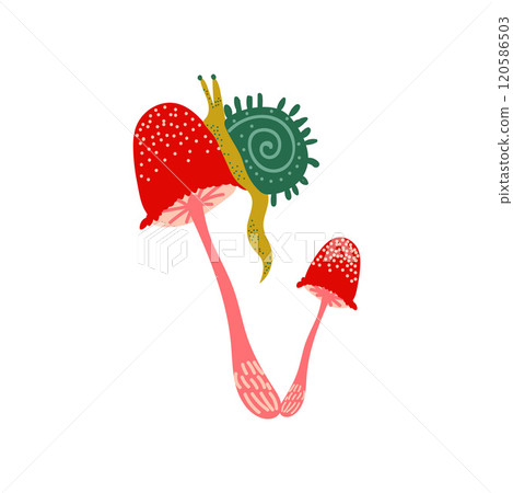 Amanita Muscaria Mushroom with Snail, Fly Agaric Vector Illustration 120586503
