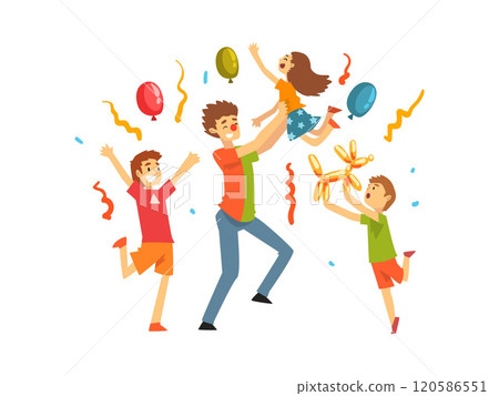 Cute Kids Celebrating Party, Happy Children Having Fun with Clown at Birthday, Carnival Party or Circus Performance Vector Illustration 120586551