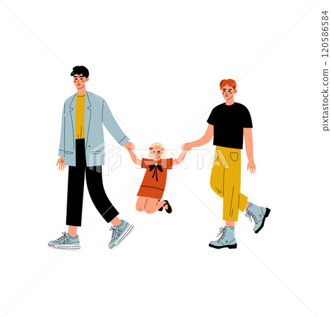 Non Traditional Male Homosexual Family Couple and Their Little Daughter, Gay Parents with Kid Vector Illustration Non Traditional Male Homosexual Family Couple and Their Little Daughter, Gay Parents with Kid Vector Illustration 120586584