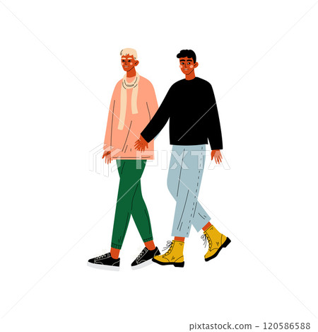Happy Gay Male Couple, Two Men Holding Hands, Romantic Homosexual Relationship Vector Illustration Happy Gay Male Couple, Two Men Holding Hands, Romantic Homosexual Relationship Vector Illustration 120586588