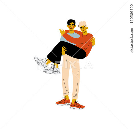Happy Gay Male Couple, Man Holding His Lover in His Hands, Romantic Homosexual Relationship Vector Illustration Happy Gay Male Couple, Man Holding His Lover in His Hands, Romantic Homosexual Relationship Vector Illustration 120586590