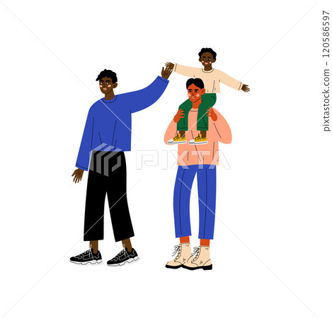 Non Traditional Male Homosexual Family Couple and Their Little Son, Two Men and Girl, Gay Parents with Kid Vector Illustration 120586597