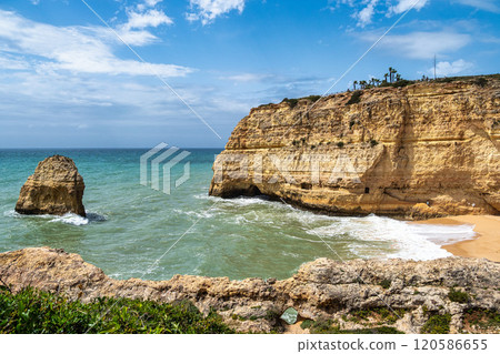 Portuguese coast in Benagil, Algarve, Portugal. Praia do Carvalho. Seven Hangging Valleys Trail. 120586655