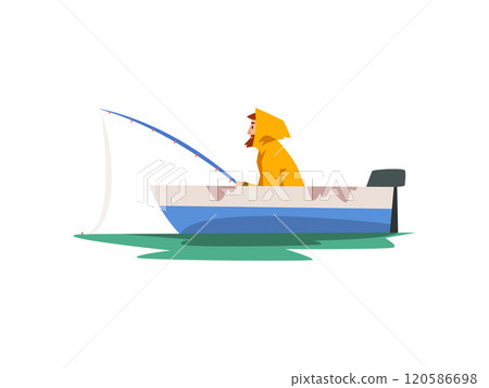 Fisherman Fishing with Rod in Motor Boat, Fishman Character in Raincoat and Rubber Boots Vector Illustration 120586698