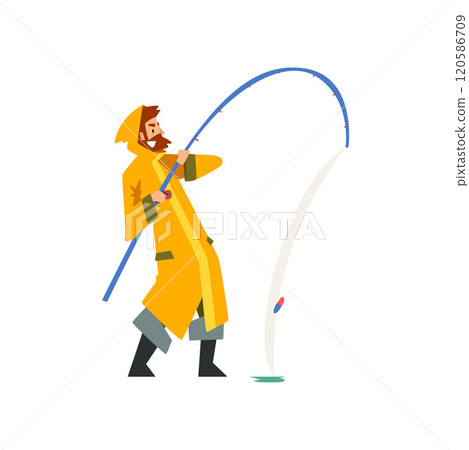 Fisherman Pulling Big Fish with Fishing Rod, Fishman Character in Raincoat and Rubber Boots Vector Illustration Fisherman Pulling Big Fish with Fishing Rod, Fishman Character in Raincoat and Rubber Boots Vector Illustration 120586709