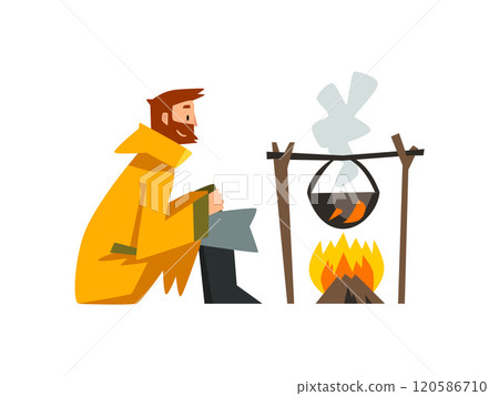 Fisherman Cooking Fish Soup in Cauldron Over Bonfire, Bearded Fishman Character in Raincoat and Rubber Boots Vector Illustration 120586710