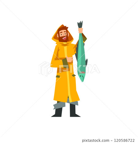 Fisherman Caught Big Fish, Fishman Character in Raincoat and Rubber Boots Vector Illustration 120586722