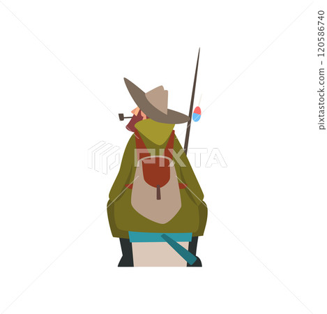 Fisherman Sitting on Shore with Fishing Rod and Backpack, Fishman Character in Hat Smoking Pipe, Back View Vector Illustration 120586740