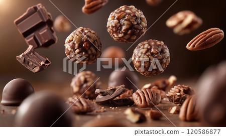Pecan balls with chocolate pecan nuts with crispy chocolate, floating in the air. 120586877
