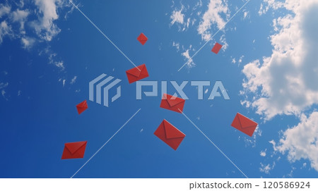 The red envelopes against a blue sky, with a few clouds. The red envelopes against a blue sky, with a few clouds. 120586924