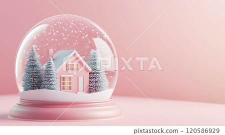 A small house and pine trees in the snowy landscape inside a glass dome on a pink background. 120586929