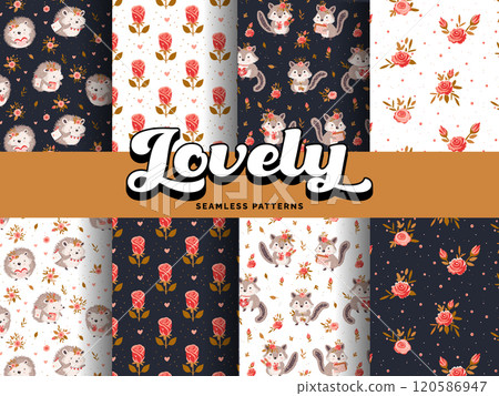 Cute lovely children baby patterns hedgehog raccoon beaver flowers roses hearts gifts love Valentines day birthday 120586947