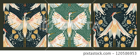 Set of seamless vector magic patterns with crane birds, magic wings art deco animals bird detailed background 120586953