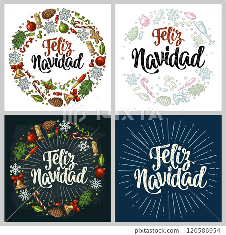 Circle shape set with Feliz Navidad handwriting calligraphy lettering. Gingerbread, candy, mistletoe, bell, serpentine, rocket, snowflake, pine cone, fir branch, toy. Vector vintage color engraving 120586954