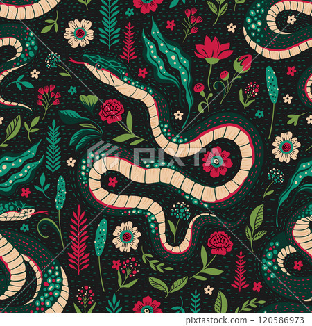 Seamless pattern mystical magic forest snake art deco botanical flowers leaves Seamless pattern mystical magic forest snake art deco botanical flowers leaves 120586973