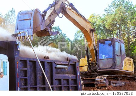 Under land removal, an excavator transfers large quantities of dirt into truck, creating dust clouds in construction area Under land removal, an excavator transfers large quantities of dirt into truck, creating dust clouds in construction area 120587038