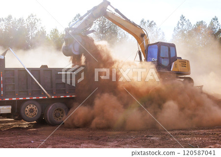 An excavator transfers large amount of dirt into truck, creating dust clouds in construction area under land removal 120587041