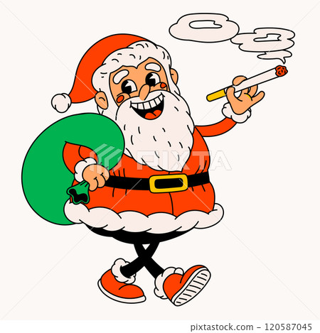 Bad Santa Claus. Groovy vintage funny Santa character with sack of presents smoking. Bad Santa Claus. Groovy vintage funny Santa character with sack of presents smoking. 120587045