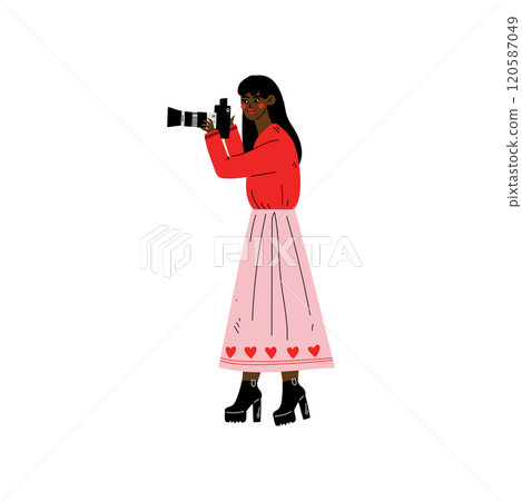 African American Woman Taking Photos with Digital Camera, Female Photographer Character Making Picture Vector Illustration African American Woman Taking Photos with Digital Camera, Female Photographer Character Making Picture Vector Illustration 120587049