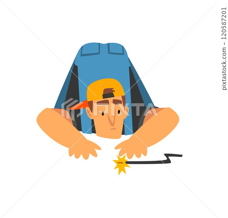 Professional Electrician Repairing Electrical Wire, Electric Man Character in Blue Overalls at Work Vector Illustration 120587201