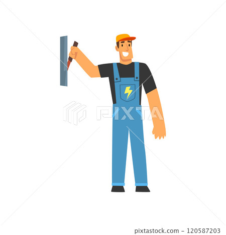 Professional Electrician with Power Switch, Electric Man Character in Blue Overalls at Work Vector Illustration 120587203