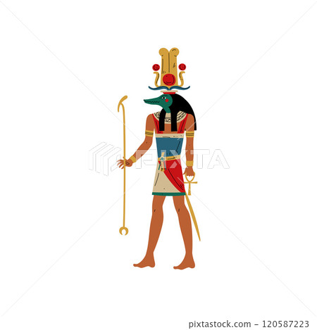 Seb, God of Water and Flood of Nile with Head of Crocodile, Symbol of Ancient Egyptian Culture Vector Illustration 120587223