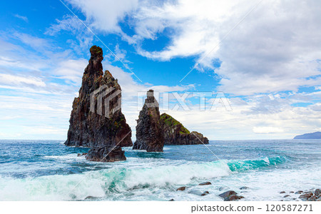 Tall lava rocks in ocean, islet towers in Ribeira da Janela, Madeira Island, Portugal 120587271