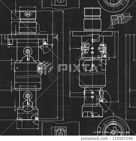 Mechanical engineering drawings on black background. Tap tools, borer. Technical Design. Cover. Blueprint. Seamless pattern. Vector illustration. 120587299