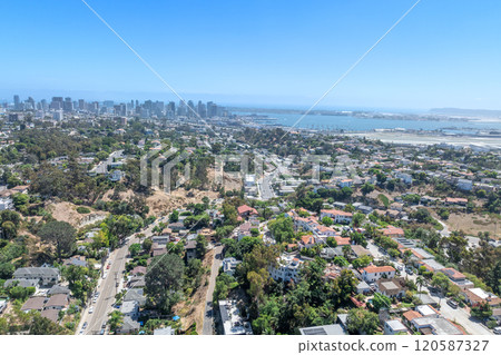 Aerial view above Hillcrest neighborhood in San Diego, California 120587327
