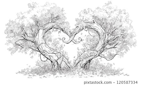 Two Trees Intertwined with Branches Forming Heart Coloring Page for Kids Romantic Tree Illustration Love Heart Shape Scenic Nature Scene Fun Drawing for Children Charming Art Page Two Trees Intertwined with Branches Forming Heart Coloring Page for Kids Romantic Tree Illustration Love Heart Shape Scenic Nature Scene Fun Drawing for Children Charming Art Page 120587334